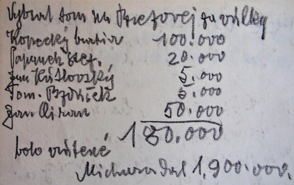 Poznámky D. S. Jurkoviča s príspevkami na financovanie odboja (Zdroj: Múzeum D. S. Jurkoviča)